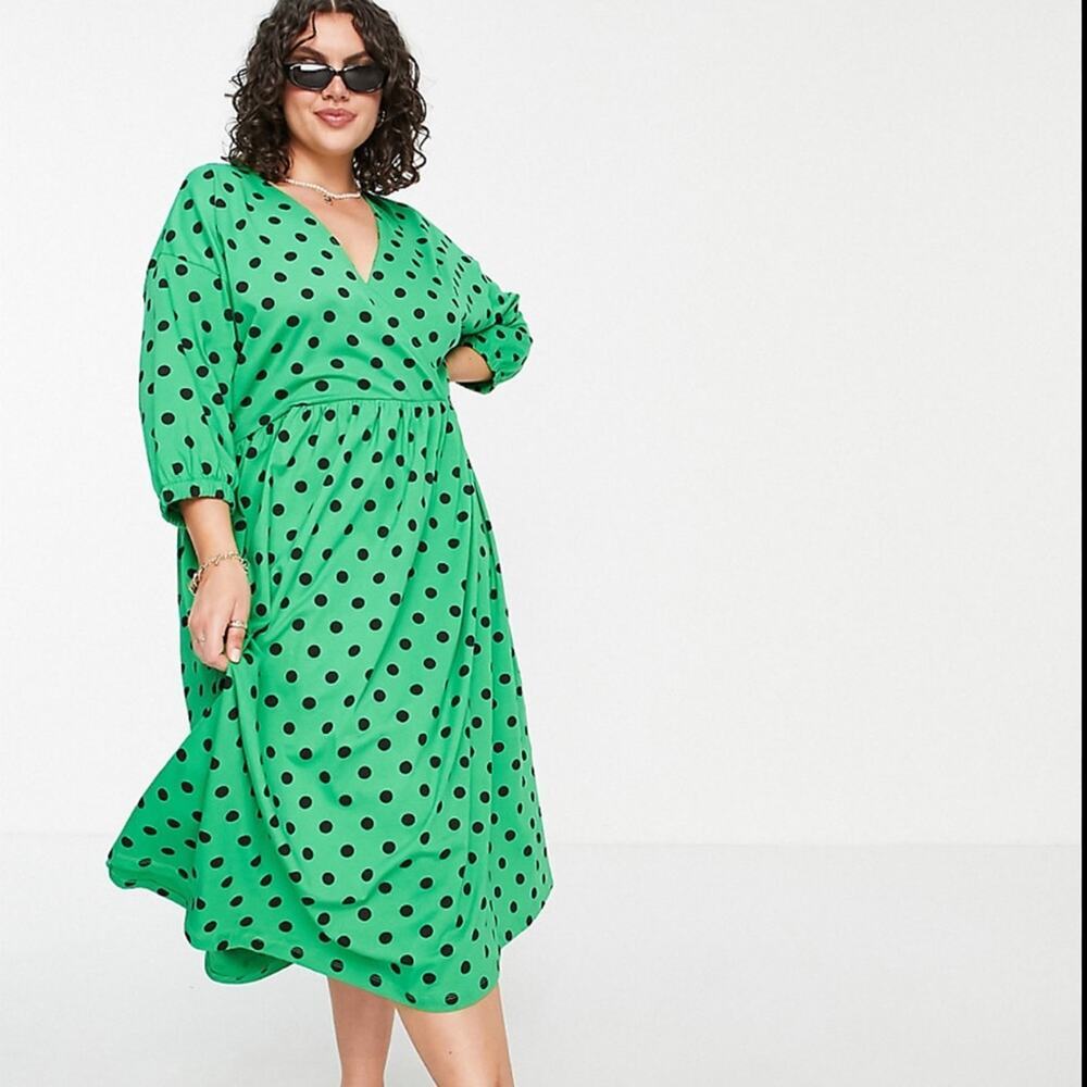 ASOS Design Green & Black Polka Dot Print 3/4 Sleeve Faux Wrap Midi Dress Sz 14